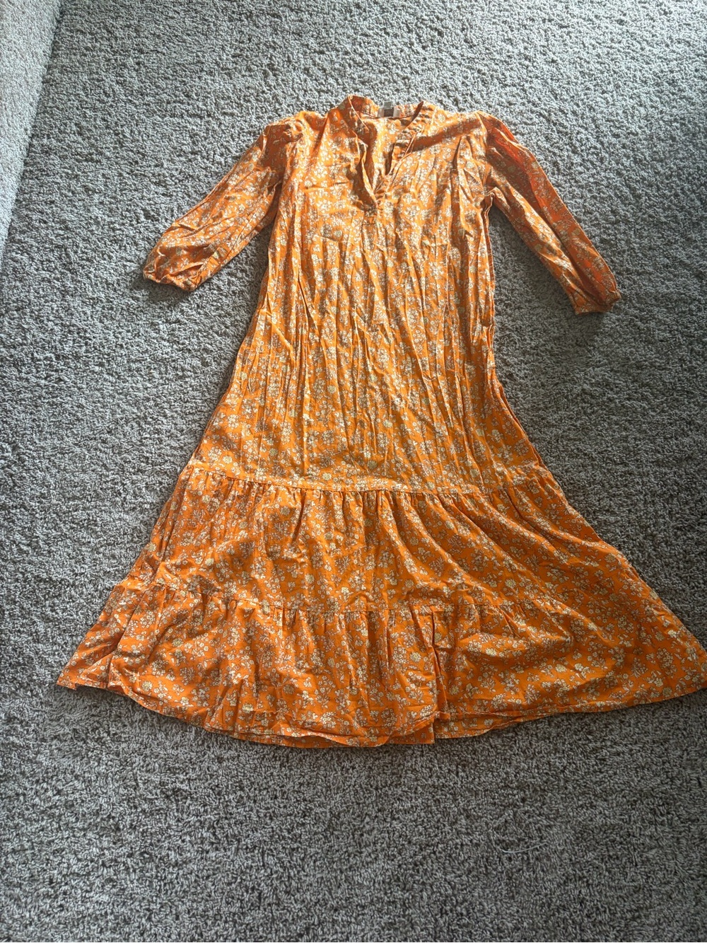 LOFT Orange Floral Maxi Dress with V-Neck and Ruffle Tier